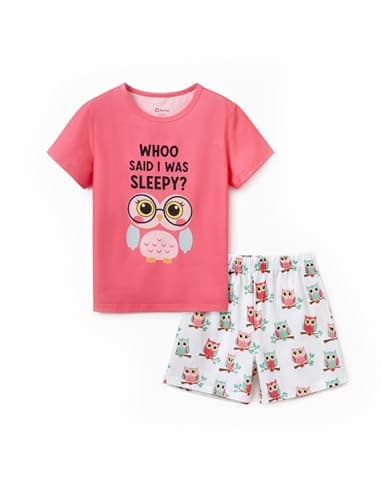 PATPAT Girls Pajamas 2 Piece Short Sleeve PJs Soft Comfy Summer Sleepwear Graphic Pajama Sets for Kids, Owl 8 Years - Image 1