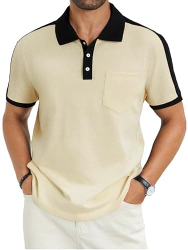 LuxMania Men's Casual Polo Shirts Short Sleeve Classic Button Shirt Fashion Cotton Golf Tops with Pocket Pale Yellow S - Image 1