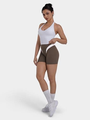 Sunzel Colorblock Biker Shorts Women High Waist Tummy Control – Buttery Soft Squat Proof No Front Seam Workout Spandex Shorts 4" Inseam Seal Brown-WH X-Large - Thumbnail 6