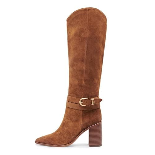 WIRALOMI Brown Boots for Women Knee High Pointed Toe Chunky Heel Boots Metal Buckle Tall Boots with Side Zipper Fall Long Boots,7 - Thumbnail 4