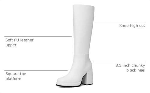 CELLENZ Women Knee High Boots: Comfortable Square Toe Boots - Platform Heel Long Boot Womens - White Fall Knee High Boot Casual Weekend Size 7 - Thumbnail 3