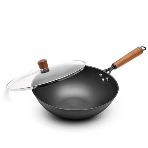 VIVIDCOOKWARE Carbon Steel Wok with Glass Lid, 12.6 Inch Flat Bottom Stir Fry Pan, Rolled Edge Spun Wok Pan, Coating-Free Wok for Induction, Gas & Electric Cooktops, 3–4 Servings