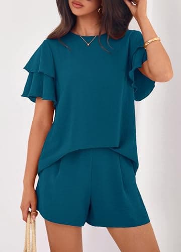 KIRUNDO 2 Piece Sets For Women Summer Ruffle Short Sleeve Top Elastic Waist Pants Matching Lounge Set Vacation Travel Outfits(Dark Blue, Small) - Thumbnail 6