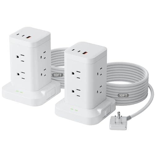 2Pack Power Strip Tower with Surge Protector 1800J, Fast Charging Tower PD20W USB-C Ports with 8 AC Outlets, 10ft Extension Cord for Home Office Dorm Room, White - Image 1