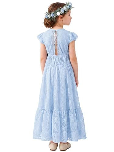 ALLOVIN Toddler & Girls Spring Easter Lace Flower Girl Dress for Wedding Baptism First Communion Maxi Boho A-Line | Flutter Sleeve Light Blue | 3-4Y - Image 1