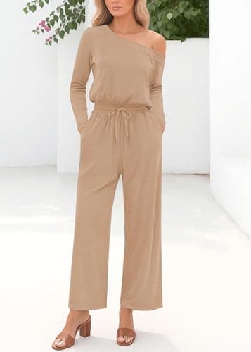 Lazysmile Jumpsuits For Women Dressy Long Sleeve Off Shoulder One Piece Wide Legs Rompers Casual Fall Outfits with Pockets - Thumbnail 3