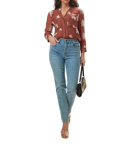 Women's Long Sleeve Sheer Floral Embroidered See Through Button Down Blouse Lightweight Boho V Neck Shirts X-Large YG010 Wine Red XL - Thumbnail 4