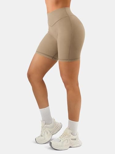 AFFOLE Womens High Waist Workout Shorts 6 Inches Breathable Elastic Booty Lounge Running Yoga Pants Khaki - Thumbnail 3