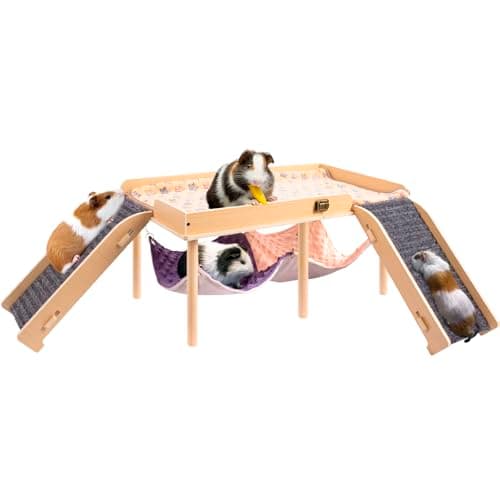 BESNEW Enlarged Guinea Pig Hammock with Platform and Stairs,Wooden Foldable Piggies Hideout for Guinea Pigs Bunny Ferret Hamster Hiding Sleeping Activities 24L x 12W x 11H in（Double） - Image 1