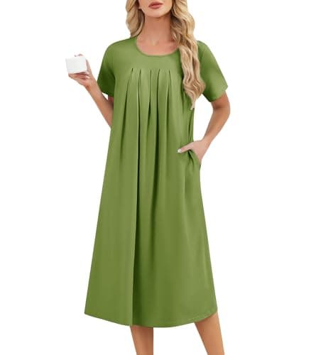 ETOSELL Womens Long Nightgowns with Pockets Short Sleeve House Dress Pleated Front Night Gowns Soft Nightshirt Loungewear Green - Image 1