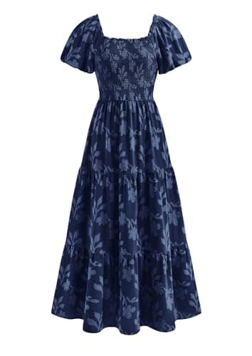 PRETTYGARDEN Women's 2026 Summer Boho Maxi Dresses Floral Short Sleeve Square Neck Smocked Flowy Long Dress Vacation Outfits (Navy Blue,Large) - Image 1