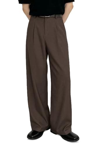 Heyfanee Mens Wide Leg Dress Pants Brown Fashion Mens Baggy Pleated Slacks Loose Fit 36 - Image 1