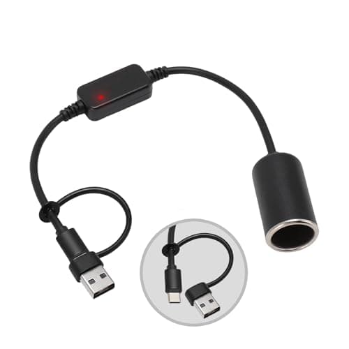 USB to Cigarette Lighter Adapter, 35cm Cable, USB A & C Input 5V, 12V Car Cigarette Lighter Socket Output, Power Converter for Dash Cam, GPS, LED Lights& More