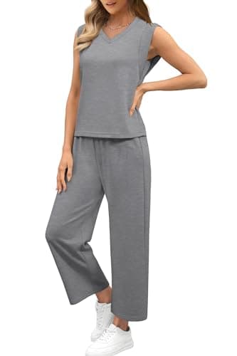 Sampeel Beach Vacation Clothes for Women Summer Outfits Airport Travel Business Casual V Neck Top Sets Matching Sets Women Clothing Plus Size Gray 2XL - Thumbnail 3
