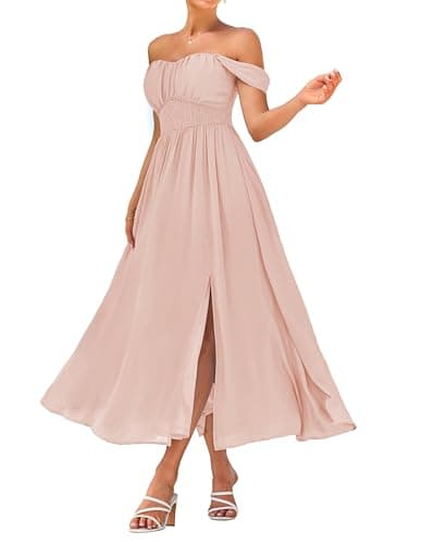 GRACE KARIN Summer Pink Apricot Dress for Women 2026,Off the Shoulder Smocked Bridesmaid Dresses,Formal Baby Shower Maxi Dresses M - Image 1