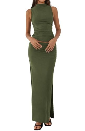 BTFBM Womens Two Piece Outfits Summer Lightweight 2026 Mock Neck Sleeveless Knit Tops Maxi Skirt Set Going Out Dress(Army Green, Medium) - Image 1