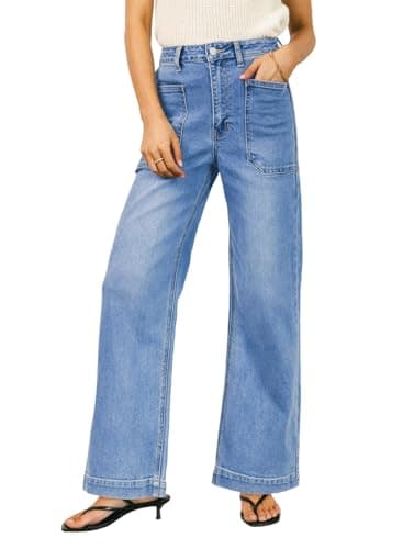 EVALESS Wide Leg Jeans for Women Trendy High Waisted Stretchy Baggy Denim Pants Light Blue Size 14 - Image 1