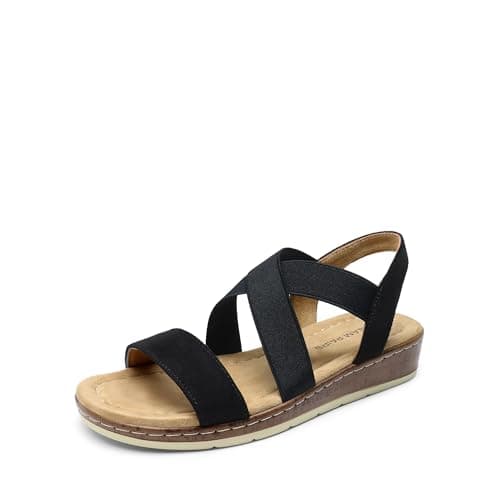 DREAM PAIRS Women's Dressy Slip on Elastic Ankle Strap Summer Wedge Heels Low Wedge Cork Beach Sandals for Women Casual Vacation,Size 8.5,Black-Suede,DWUMFS2505 - Image 1
