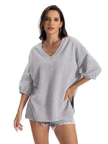 EasyGala Womens Cotton V Neck Sweatshirt 3/4 Sleeve Slouchy Fit Going Out Tops Trendy Side Slit Work Shirt Casual Fall Lightweight Outfits Y2K Winter Clothes 2025 Grey Large - Thumbnail 3