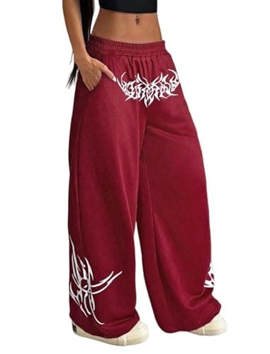 ZAFUL Womens Wide Leg Sweatpants Y2K Gothic Graffiti High Waisted Lounge Pants Athletic Joggers Pants with Pockets 2-Red M - Image 1