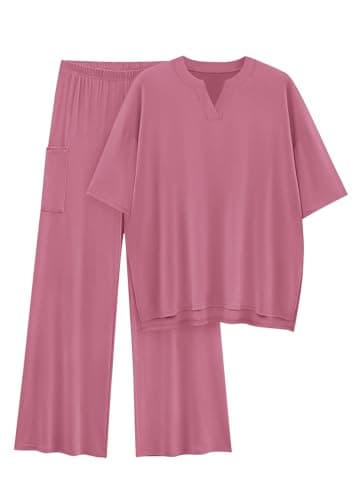 KIRUNDO Two Piece Sets for Women Lounge Set Airport Travel Summer Outfits 2026 Comfy Short Sleeve Top Matching Wide Leg Pants(Pink, Large) - Image 1