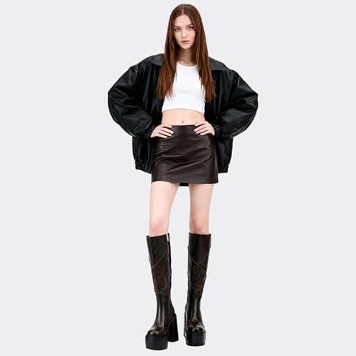 QIV Dark Brown Knee High Platform for Women Chunky Round Toe High Heel Motorcycle Combat Punk Tall Boots with Side Zipper Size 8.5 - Thumbnail 3