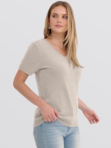ANRABESS Women’s 100% Wool Sweater，Office Work V Neck Short Sleeve Sweaters ，Soft & Lightweight， Business Casual Tops Apricot Small - Thumbnail 3
