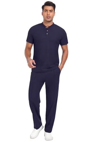 PrinStory Men's Short Sleeve Outfits Waffle Knit Henley Shirt and Pants Set Casual 2 Pieces Summer Tracksuits with Pockets Navy Blue-M - Thumbnail 4