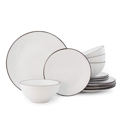 Mimola Ceramic Dinnerware Sets,Handmade Reactive Glaze Stoneware Plates and Bowls Sets,Highly Chip and Crack Resistant | Dishwasher & Microwave Safe Dishes Set,Service for 4 (12pc) (snow white) - Image 1