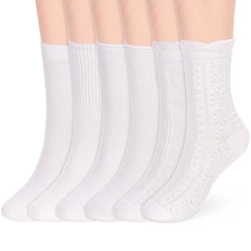 FunisFun 6 Pairs Womens Summer Socks, White Crew Thin Ankle Socks for Women Girls Daily Wear Casual Dress (US, Alpha, One Size, Regular, Regular, White-6Pairs) - Image 1