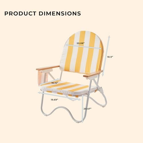 DEER LAND Padded Low Beach Chair, 4-Position Folding Outdoor Chair with Wooden Armrests, Cushioned Seat, Storage Pouch & Carry Strap for Beach, Patio and Lawn, Cala Serena Ochre Stripe - Thumbnail 2