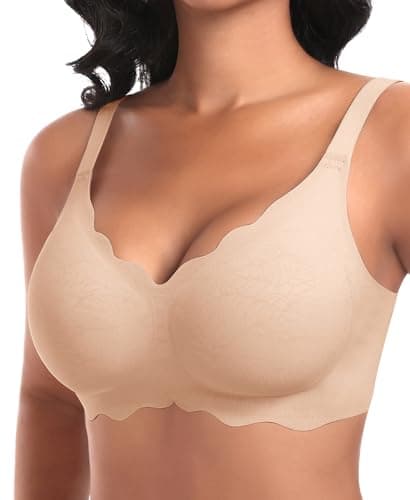 Ganado Wireless Bras for Women No Underwire Scalloped Seamless Bras with Support and Lift Padded T Shirt Bra Comfort Bralette #1 Nude Large - Image 1