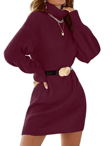 SunnyMelody Womens Turtleneck Sweater Dress for Women Fall Winter 2025 Trendy Ladies Outfits Dressy Long Lantern Sleeve Casual Knit Pullover Mini Dresses Wine Red S - Image 1