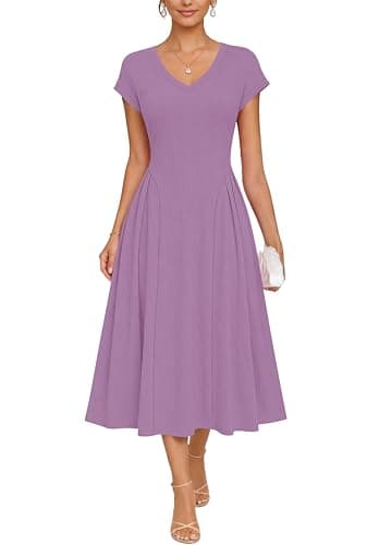 WNEEDU Women Summer Midi Dress Waffle Knit V Neck Cap Sleeve A-Line Casual Travel Outfits with Pockets（Mauve,S） - Image 1