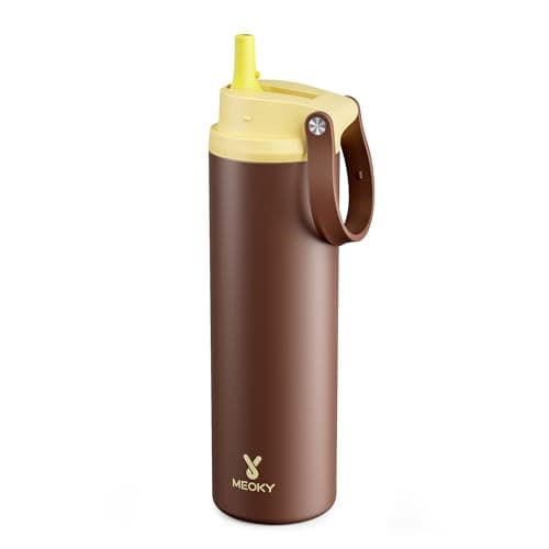 Meoky 24 oz Insulated Stainless Steel Water Bottle: Flip-to-Pop Straw, Leak Proof, 24H Cold, Fits in Car Cup Holder, Carry Loop, BPA-Free, Wide Mouth Water Bottle for Adults Gym Bag, Honey - Image 1