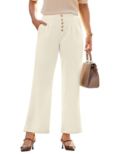 Dokotoo Women's Pants 2025 Spring High Waisted Wide Leg Waffle Knit Buttons Side Pockets Trousers Lounge Pants Casual Dressy Apricot Small - Image 1