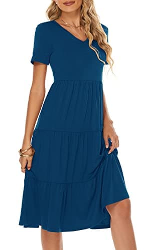 Berydress Summer Dresses for Women 2025 Short Sleeve V-Neck Casual Beach Cotton Tiered Midi Sundress (M, 6175-Deep Blue) - Thumbnail 4