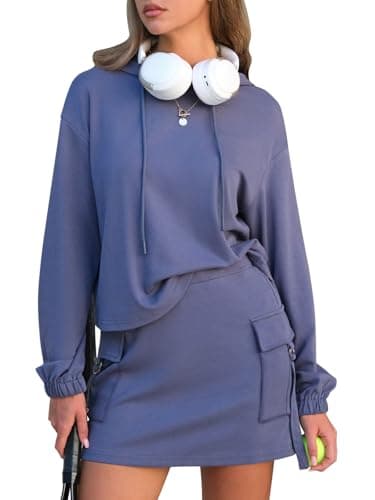 EXLURA Women Two Piece Set Cotton Sweatsuit Travel Airport Outfits 2026 Tracksuit Hooded Sweatshirt Cargo Skort Skirt Pockets - Thumbnail 6