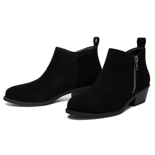 Athlefit Women's Chunky Ankle Boots Low Heel Comfortable Short Boots Round Toe Fahsion Black Suede Booties Size 7.5 - Thumbnail 5
