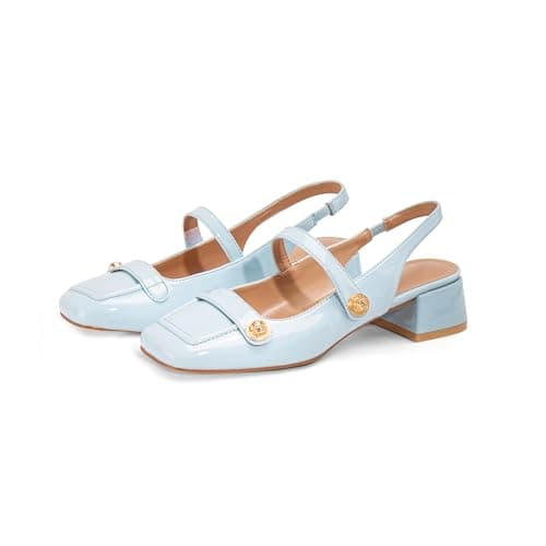 Blue Slingback Mary Jane Heels for Women Low Block Heel Closed Square Toe Pump Shoes Heels Classic Daily Office Dressy Shoes Blue Size 6.5