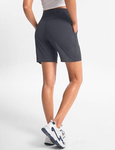 Cyasundent Women's Athletic Shorts with Zipper Pocket 6" High Waisted Bermuda Shorts for Women Workout Walking Running(Dark Grey_S) - Thumbnail 2