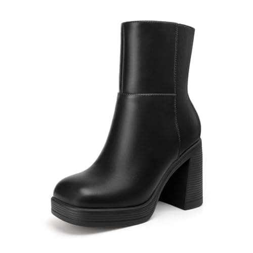 Athlefit Women's High Chunky Heel Platform Ankle Boots Black Size 11