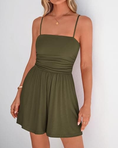 BTFBM Summer Rompers For Women 2026 Casual One Piece Spaghetti Strap Sleeveless Shorts Jumpsuit Beach Vacation Outfits(Army Green, X-Large) - Thumbnail 2
