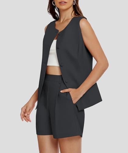 Casly Lamiit Womens 2025 Summer 2 Piece Outfits Sleeveless Crewneck Vest Business Formal Matching Short Sets Dressy Work Suits Dark Grey XL - Thumbnail 2