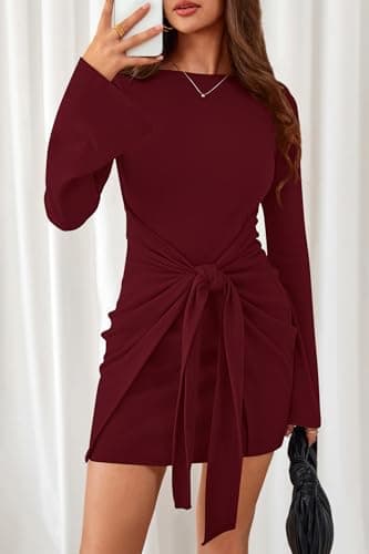dowerme Women's Casual Mini Dress 2026 Bell Long Sleeve Boat Neck Tie Waist Bodycon Dresses Knitted Party Fall Outfits(Burgundy,X-Large) - Thumbnail 3