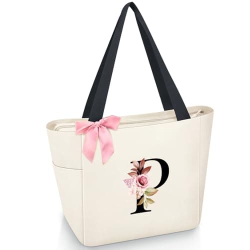 Vavabox Tote Bag, A-Z Initial Monogrammed Waterproof Tote Bag, Bridesmaid Gifts for Women, Black and Pink (P, Beige) - Image 1