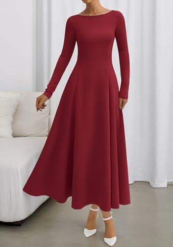 BTFBM Spring Dresses for Women 2026 Trendy Boat Neck Long Sleeve A Line Flowy Knit Loose Casual Elegant Party Maxi Dress(Burgundy, XX-Large) - Thumbnail 6