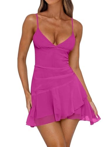Caracilia Womens Cocktail Dresses Sleeveless V Neck Mesh Ruched Bodycon 2026 Sexy Summer Going Out Club Mini Short Dress X-Large Pink - Image 1
