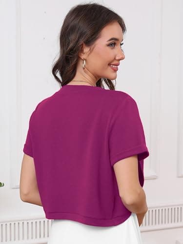 Heymoments Women's Short Sleeve Shrugs Magenta Large Lightweight V-Neck Open Front Cropped Cardigan Knitted Bolero Sweaters Elegant Dresses Cover Up - Thumbnail 5
