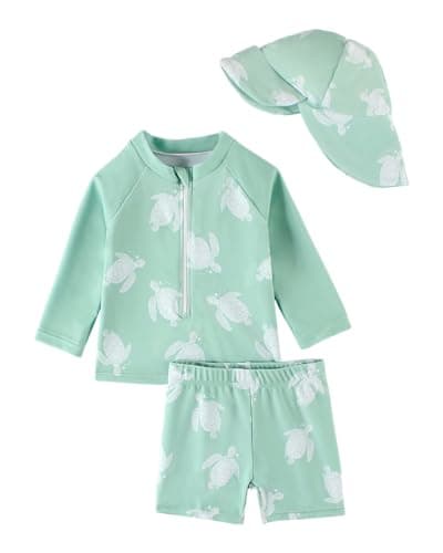 JiAmy Toddler Baby Boys Rash Guard Set with Swim Trunks for Kids 3PCS Long Sleeve Rashguard Swim Set Sunsuits Bathing Suits Green Turtle 9-12 Months - Image 1